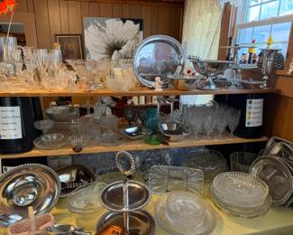 glassware, serving pieces, uranium glass juicer, candle holders