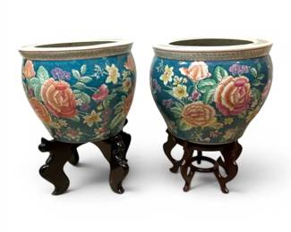 Chinese Floral Ceramic Fishbowl Planters in Blue