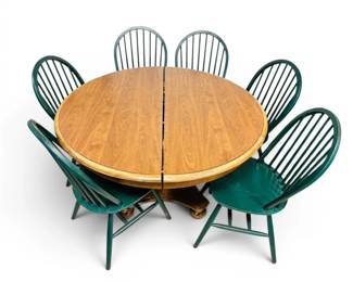 4Ft. Round Table w 2 Leaves  6 Green Spindle Chairs