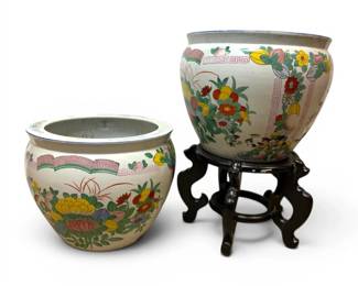 Chinese Floral Ceramic Fishbowl Planters  Multicolor on White Background