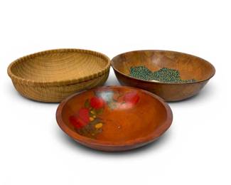 Hand Made Carved Wood  Wicker Bowls