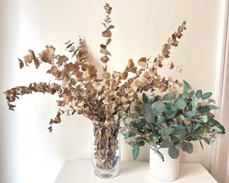 Dried Eucalyptus In Glass Vase & Faux Plant In Plaster Planter Lot #: 62