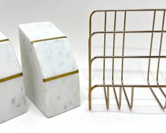 Marble Bookends With Gold Inlays Made In India & Gold Tone Paper Organizer Lot #: 74