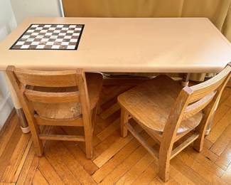 2 Solid Wood Toddler Chairs & Plastic Adjutable Kids Work Table With Painted-on Chess Board Lot #: 59