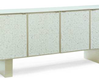  Caracole Large Marble Top Faux Mother Of Pearl Hall Table With Adjustable Shelves & Velvet Lined Drawers Lot #: 7