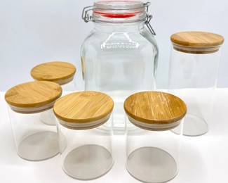 Set 5 Glass Kitchen Containers With Bamboo Lids & Large Swing Top Canister Lot #: 90