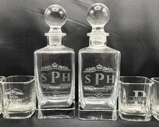 Personalized Etched Glass Whiskey Set With 2 Bottles & 4 Glasses Lot #: 125