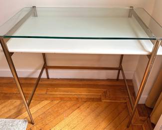 West Elm Gold Tone Art Display MIni Desk Or Vanity Table With Glass Top Lot #: 30