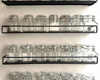 Spice Rack With 4 Wall Mounting Shelves & 21 Small Swing Top Jars Lot #: 89