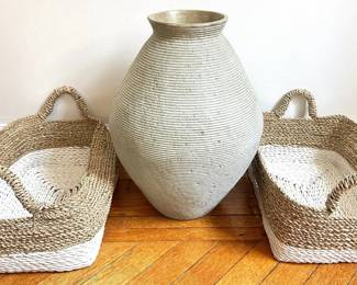 Large Stoneware Vase & 2 Indonesian Woven Baskets From The Container Store Lot #: 107