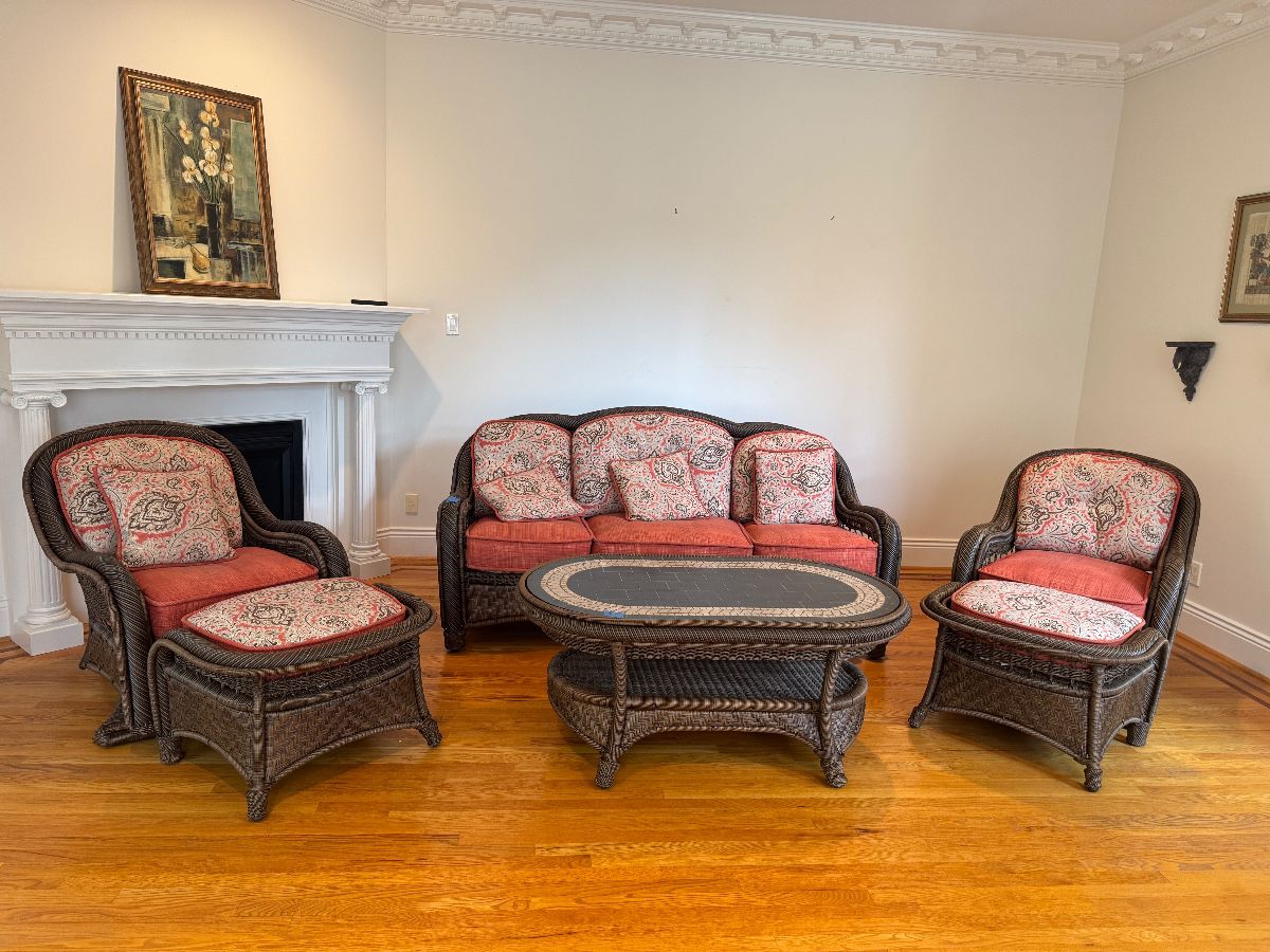 Summer Classics Classic Wicker Patio - 3 Seat Sofa (73"W x 36"D x 38" Back Height) & Swivel Chair ( 34"W x 36"D x 38" Back Height) & Armchair ( 34"W x 36"D x 38" Back Height)  & 2 Ottomans ( 31"W x 24"D x 19"H each) & Mosaic Tile Tabletop Coffee Table (54"W x 33"D x 23"H) 