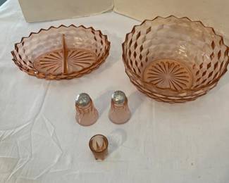 Pink Glass Bowl And Salt And Pepper Shakers