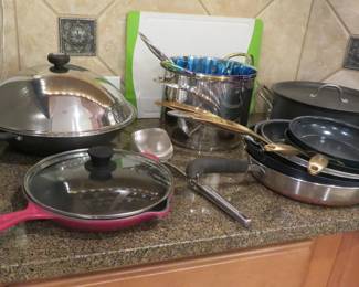Cookware, Le Creuset 11 in. skillet in color of Cerise, Circulon wok
