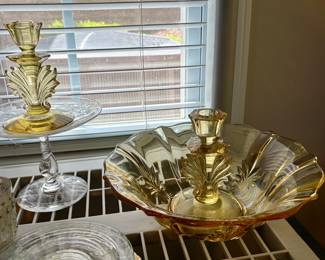 Vintage (Depression Glass) Amber Yellow Ruffled Console Bowl & Ornate Candlesticks