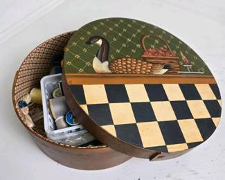 357 paintedroundwoodensewingboxwithcon