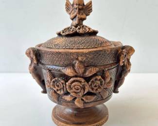 253 carvedwoodenliddedvesselwithcherub