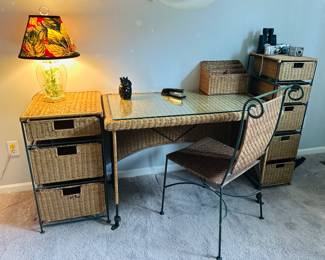 Woven rattan desk, drawer cabinets