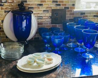 Large selection of cobalt dishes, stemware