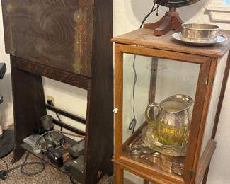 Collection of seven globes and wooden furniture