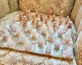 Marble and Stone Chess Set (As Is). One piece damaged.