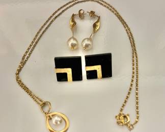 14K Gold Earrings, Gold Tone Necklace 