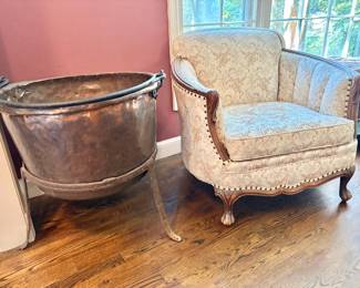 Copper Cauldron and Vintage Hobnailed Arm Chair