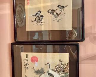 Pair Signed and Framed Asian  Watercolors of Birds 