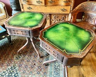 Pair Regency Mahogany Scroll Foot Center Table With Tooled Green Leather Top