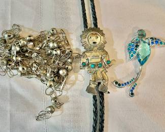 Wedding Necklace, Sterling Bolo Tie and Sterling Bird Pin 