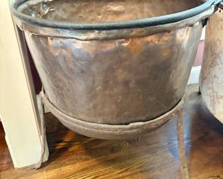 Hand-Hammered Copper Cauldron Featuring a Rustic Wrought-Iron Stand and Swing Handle