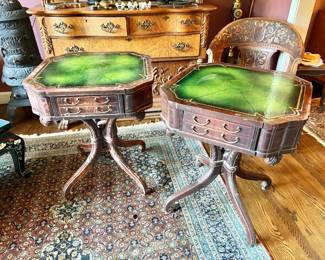Pair Regency Mahogany Scroll Foot Center Table With Tooled Green Leather Top