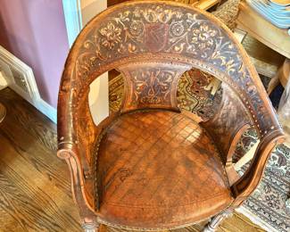 Vintage Leather Barrel Back Accent Chair