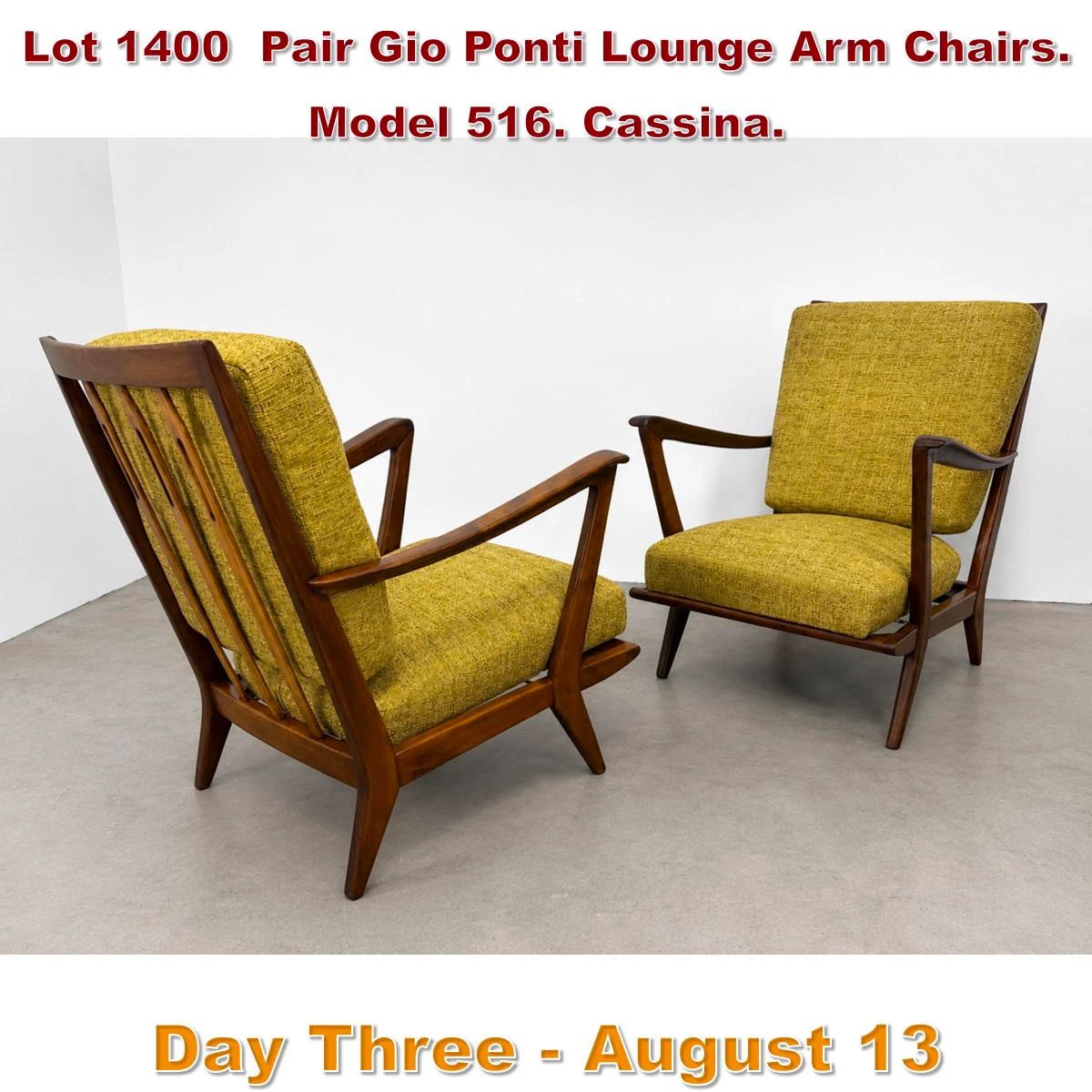 Lot 1400 Pair Gio Ponti Lounge Arm Chairs. Model 516. Cassina.