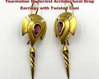 Lot 1916 Pair Artisan 18K Yellow Gold Pink Tourmaline Modernist Architectural Drop Earrings with Twisted Coni