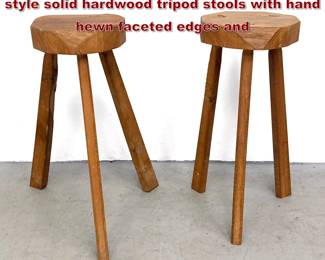 Lot 1451 Pair Mid 20th Century Brutalist style solid hardwood tripod stools with hand hewn faceted edges and 
