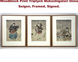 Lot 1863 3pc Utagawa Toyokuni III Woodblock Print Triptych Mukashigatari Onna Seigen. Framed. Signed.