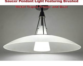 Lot 1458 MidCentury Modern Frosted Glass Saucer Pendant Light Featuring Brushed Metal Tripod Frame and Dual 