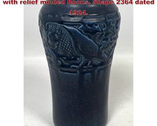 Lot 1802 Rookwood Pottery Matte Blue Vase with relief molded Rooks. Shape 2364 dated 1924.