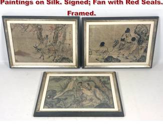 Lot 1862 3pc Chinese Ink and Color Figure Paintings on Silk. Signed Fan with Red Seals. Framed. 