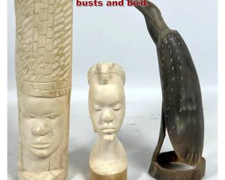 Lot 1764 3pc lot African Carved Figures. busts and bird. 