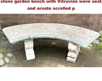 Lot 1614 3pc Neoclassical style curved cast stone garden bench with Vitruvian wave seat and ornate scrolled p