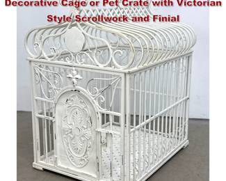 Lot 1633 Large Distressed White Metal Decorative Cage or Pet Crate with Victorian Style Scrollwork and Finial