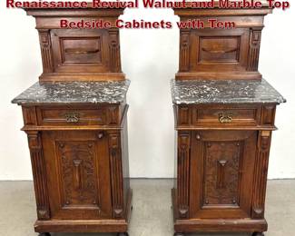 Lot 1749 Pair of 19th Century Continental Renaissance Revival Walnut and Marble Top Bedside Cabinets with Tem