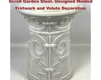 Lot 1739 White Glazed Ceramic Imperial Scroll Garden Stool. Unsigned Molded Fretwork and Volute Decoration