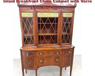Lot 1683 Federal Revival Mahogany and Inlaid Breakfront China Cabinet with Verre Eglomise Panels