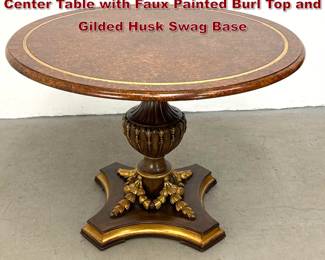 Lot 1698 Round Empire Style Pedestal Center Table with Faux Painted Burl Top and Gilded Husk Swag Base