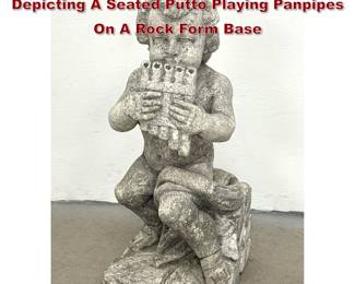 Lot 1586 Cast Stone Garden Sculpture Depicting A Seated Putto Playing Panpipes On A Rock Form Base