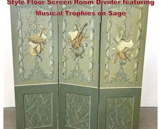 Lot 1746 3panel Hand Painted Neoclassical Style Floor Screen Room Divider featuring Musical Trophies on Sage