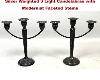 Lot 1909 Pair National Silver Co Sterling Silver Weighted 3 Light Candelabras with Modernist Faceted Stems