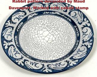 Lot 1812 Dedham Crackleware Plate Blue Rabbit pattern decorated by Maud Davenport. Marked with cobalt stamp 